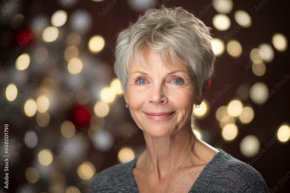 Portrait of beautiful senior woman against bokeh lights on background Portrait of beautiful senior woman against bokeh lights on background