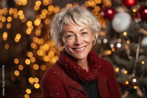 Portrait of a beautiful senior woman on a background of a Christmas tree