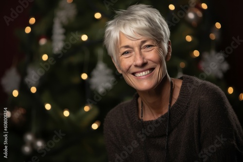 Portrait of happy senior woman in front of christmas tree.