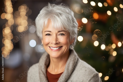 senior woman with christmas tree and lights bokeh background