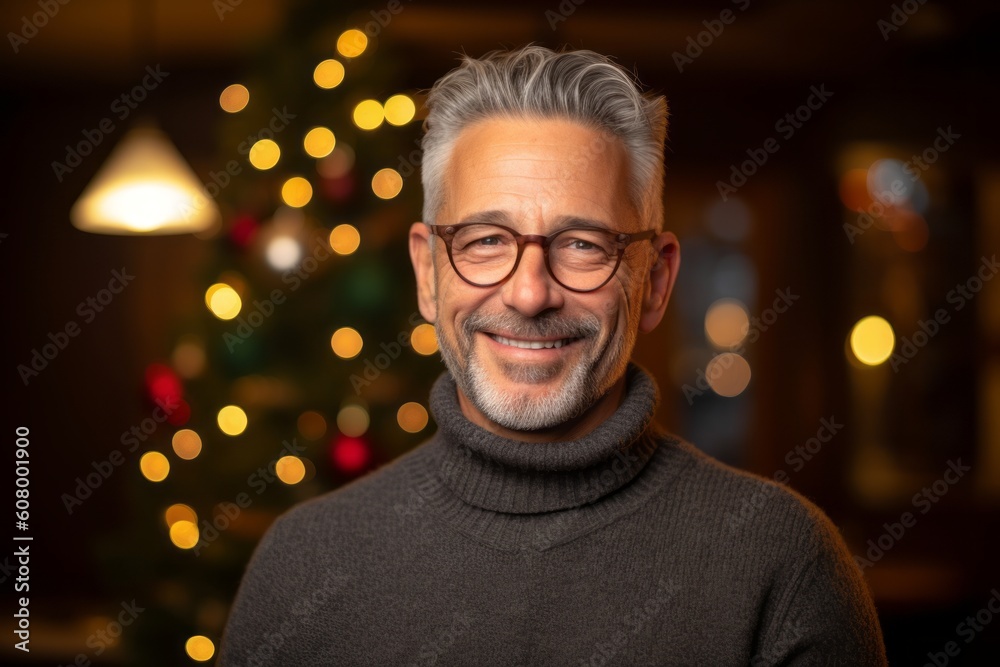 Portrait of a senior man with glasses against blurred Christmas lights background