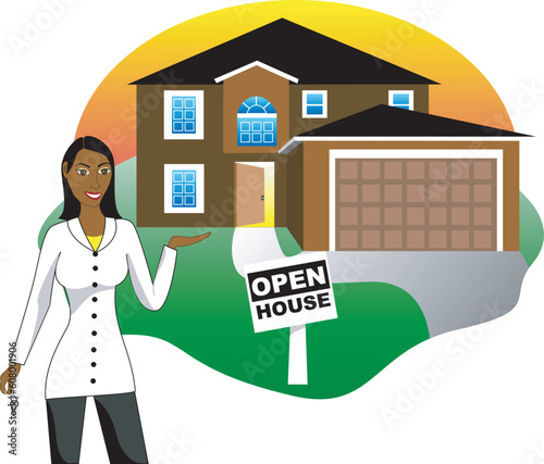 Vector Illustration. A real estate agent with keys advertising an open house viewing. Version 3 of 6.
