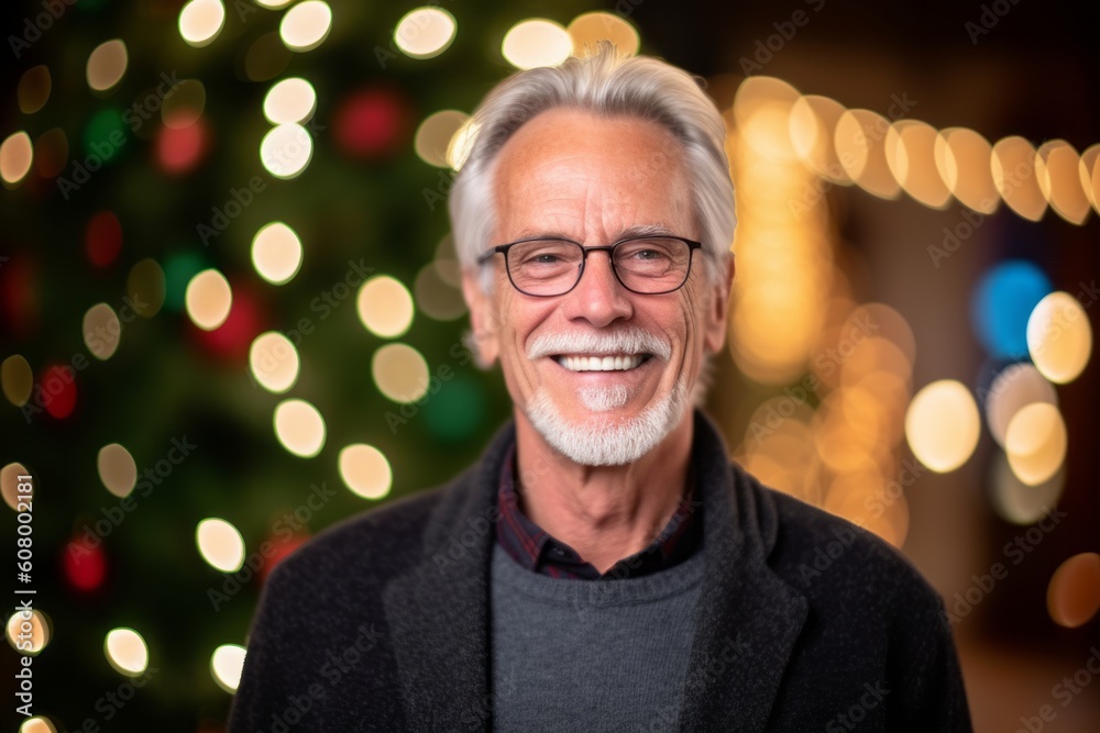 Portrait of a senior man with glasses against blurred christmas lights Portrait of a senior man with glasses against blurred christmas lights