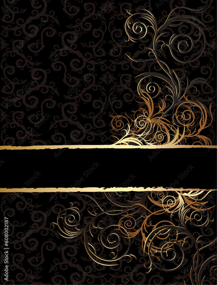 Vector black and golden floral background for text with pattern