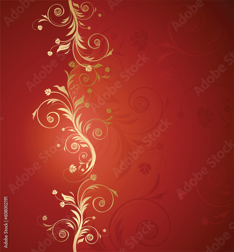 Vector red and golden floral background for text with pattern