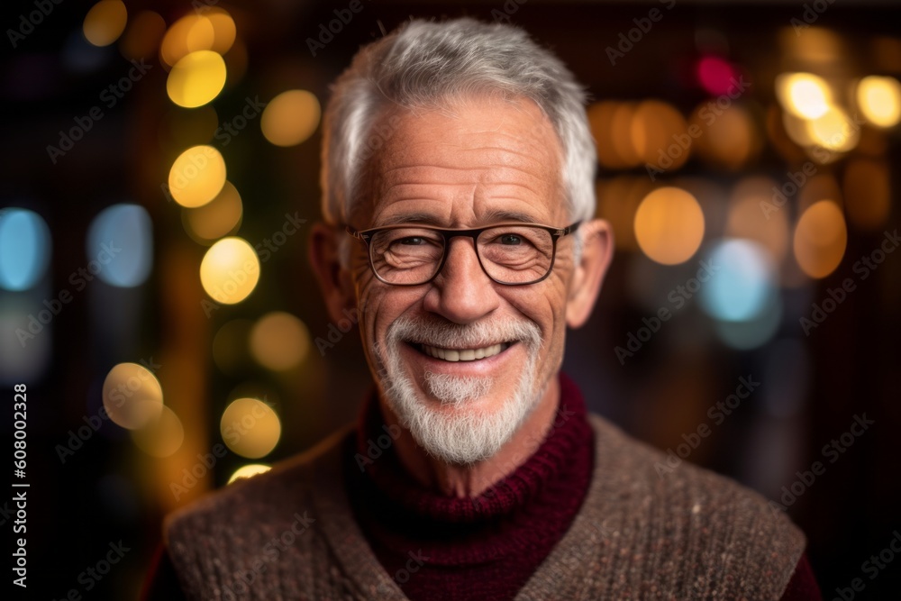 Portrait of a senior man with glasses against blurred christmas lights Portrait of a senior man with glasses against blurred christmas lights