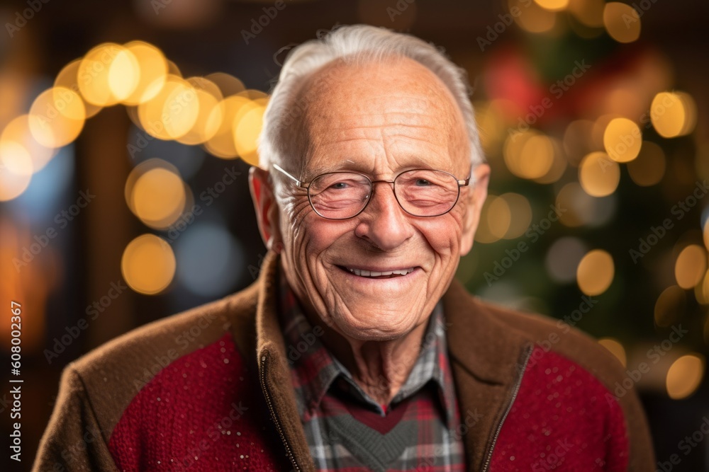 Portrait of a smiling senior man with glasses on blurred christmas background Portrait of a smiling senior man with glasses on blurred christmas background