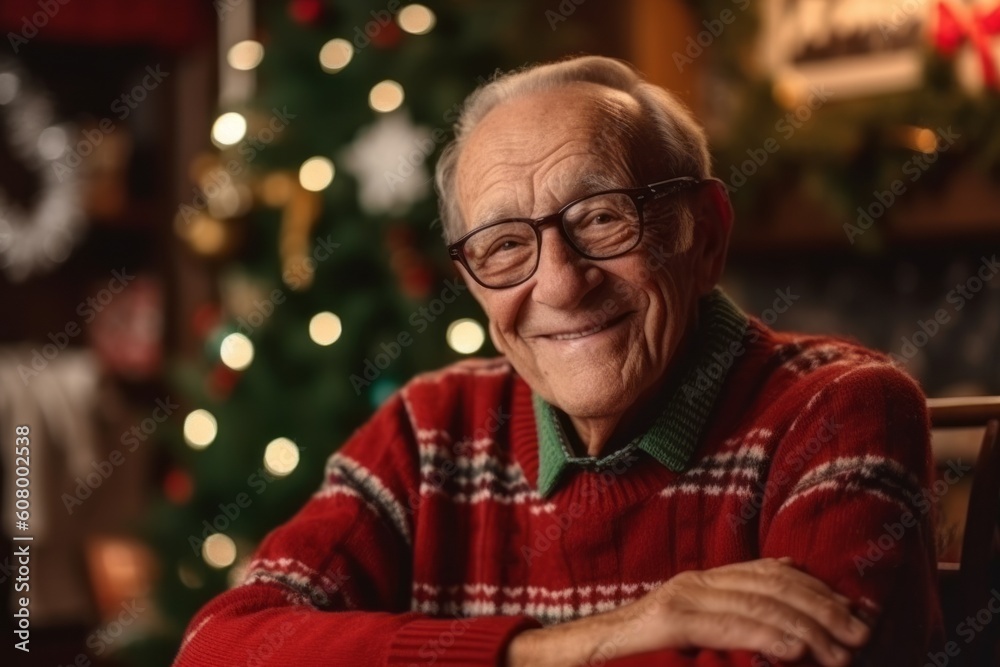 Portrait of a senior man sitting in front of christmas tree Portrait of a senior man sitting in front of christmas tree
