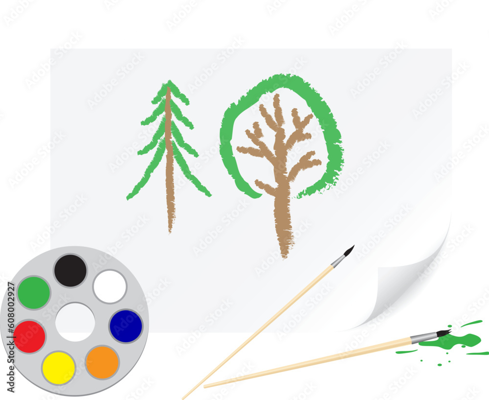 Children's drawing a brush tree on a paper