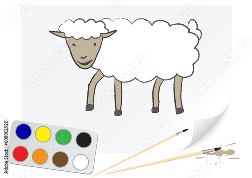 The sheep is drawn on a paper by a brush