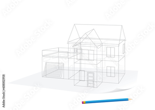 Abstract transparent house sketch drawing with pen on white background
