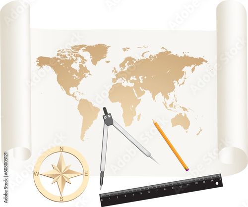 Measuring tools a compasses, a pencil and a ruler lie on a roll of paper with world map drawing