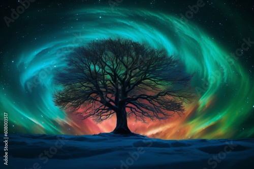 a tree stands centrally in the illustration in front of a luminous sky created with Generative AI technology