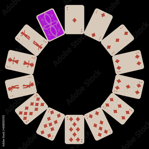 circle shape diams playing cards isolated on black, abstract art illustration