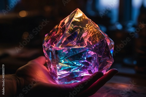 a beautiful shining crystal in one hand created with Generative AI technology