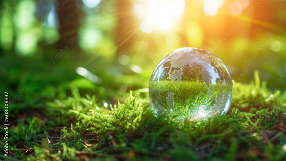 Crystal earth on green grass forest with sunlight. Save the World, earth day, ecology concept. Crystal earth on green grass forest with sunlight. Save the World, earth day, ecology concept.