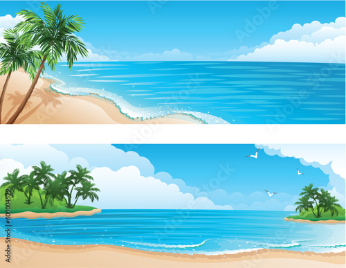 Fototapeta Naklejka Na Ścianę i Meble -  Vector illustration - Tropical landscape with beach, sea and palm trees