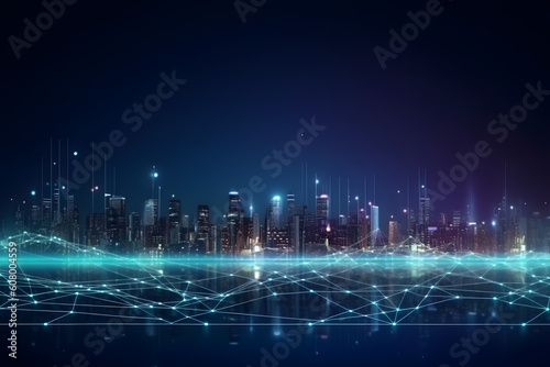 Abstract futuristic night city with dots and line connection. Generative AI