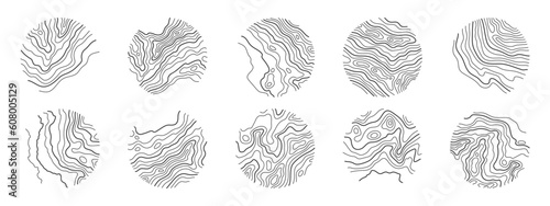 Set various rings of topographic line map. Wood rings, vector line circle of outdoor concept. Outline pattern for outdoor logo templates. Contours of tree, concepts for expedition logotype.