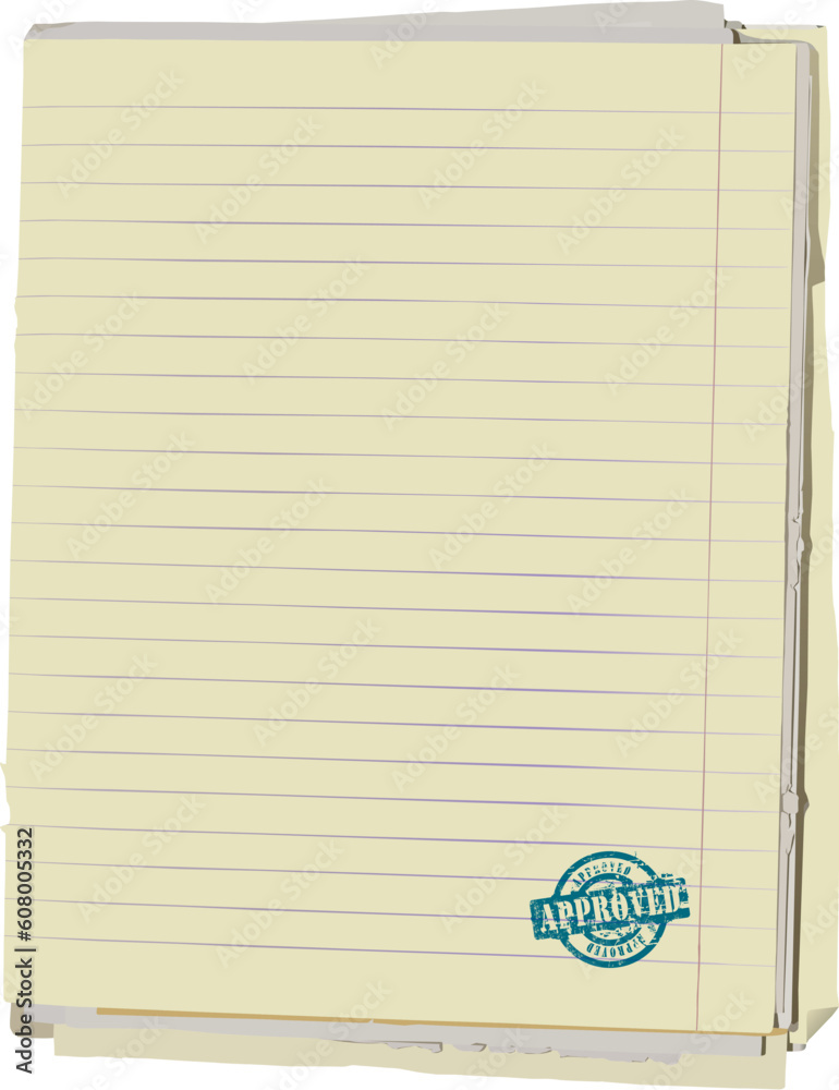 Vector illustration of stack of old lined papers from note book and rubber stamp. Clipping path included to easy remove object shadow or replace background.