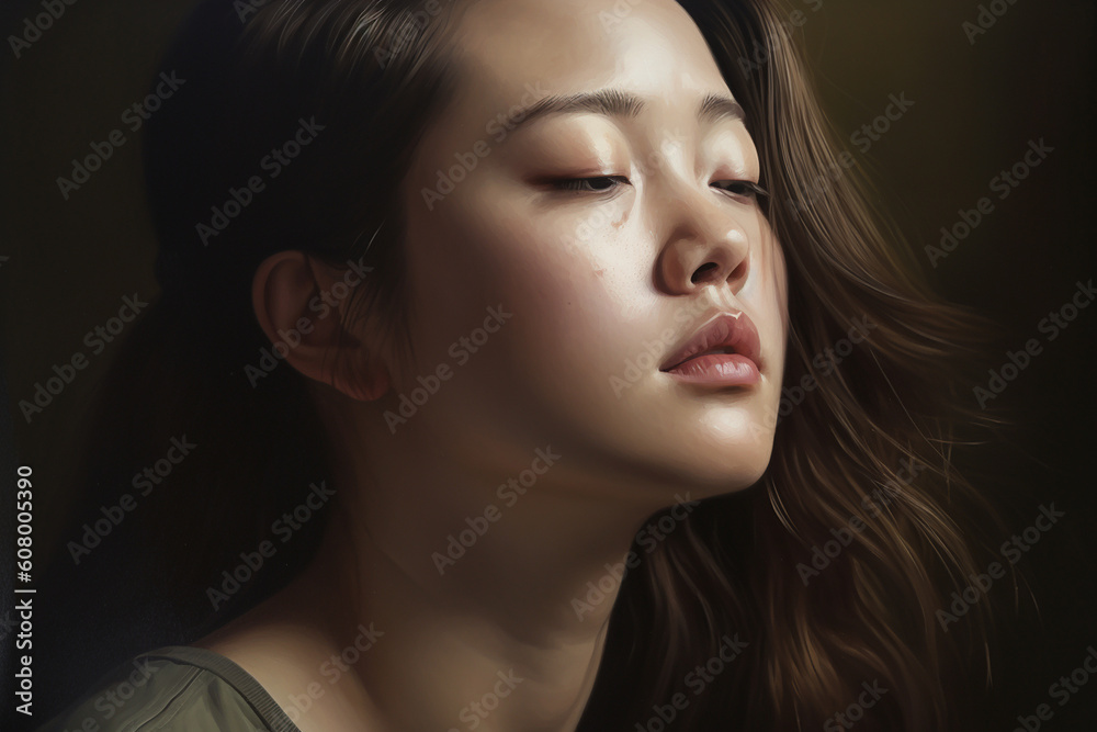 A hyper-realistic portrait of a woman with her eyes closed, her head tilted slightly down, and her lips parted in a gentle, peaceful expression. A hyper-realistic portrait of a woman with her eyes closed, her head tilted slightly down, and her lips parted in a gentle, peaceful expression.