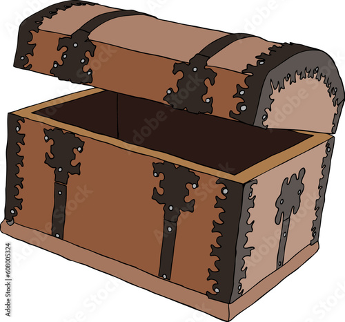 Empty brown wooden treasure chest. Vector illustration