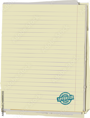 Vector illustration of stack of old lined papers from note book and rubber stamp. Clipping path included to easy remove object shadow or replace background.