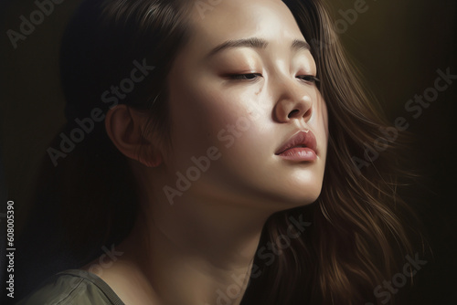 A hyper-realistic portrait of a woman with her eyes closed, her head tilted slightly down, and her lips parted in a gentle, peaceful expression.