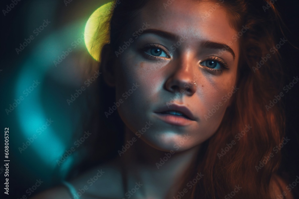 young woman with blue eyes and little makeup on face created with Generative AI technology young woman with blue eyes and little makeup on face created with Generative AI technology