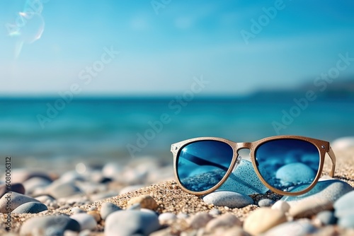 Sunglasses on sand at summer beach with sunshine holiday vacation background.
