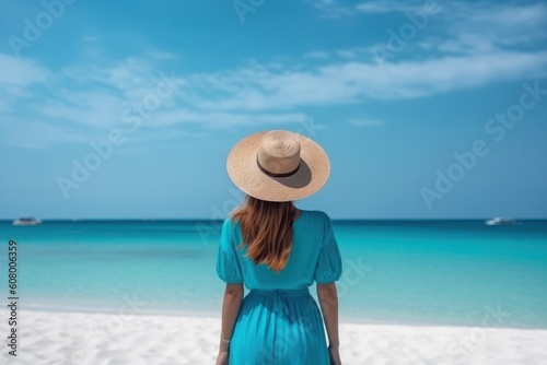 Beautiful woman standing front of beach feel relax and freedom in summer.