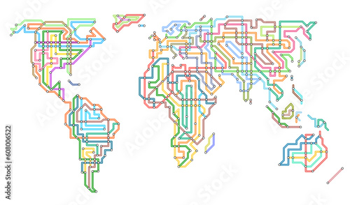 Editable vector illustration of the world in the style of an underground map