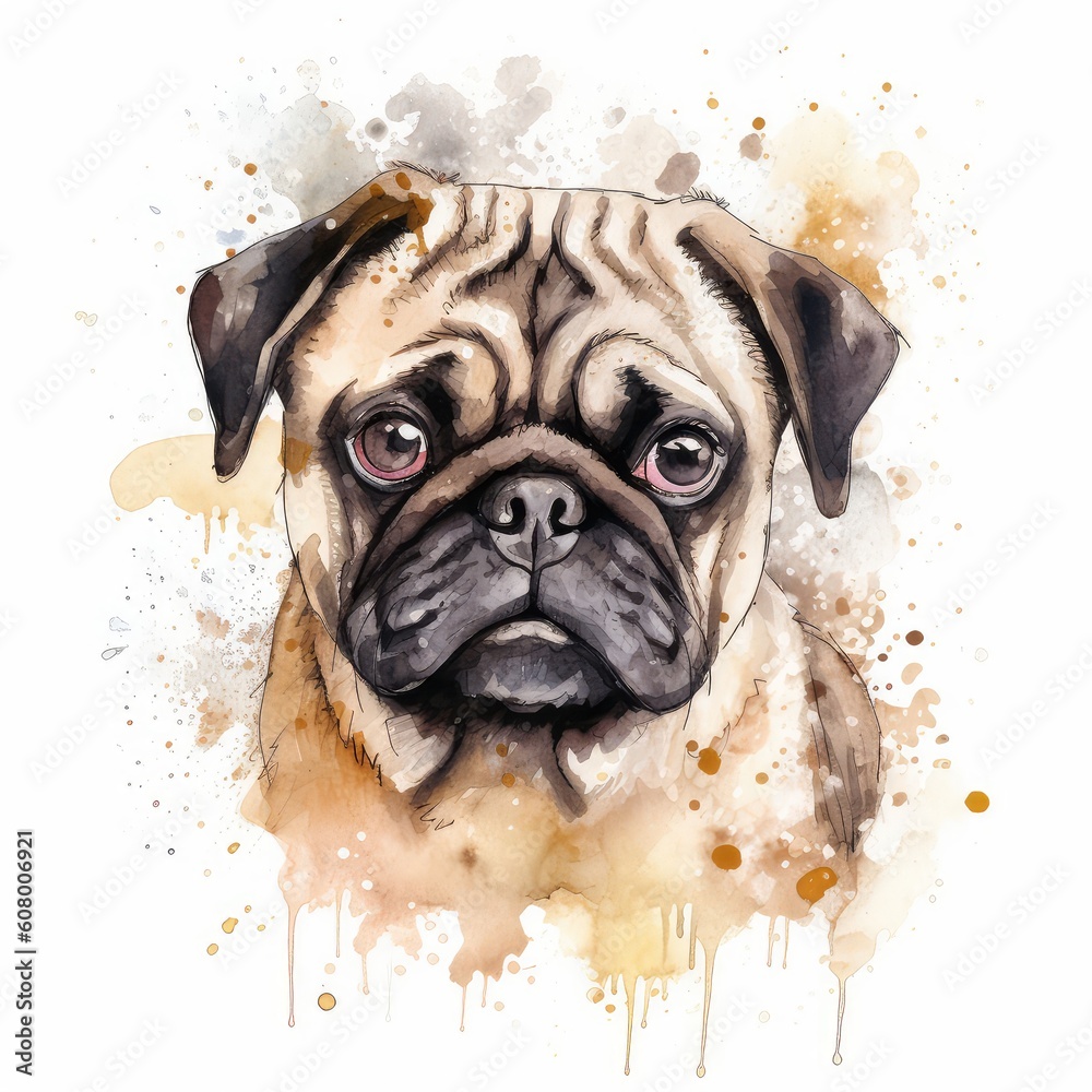 Pug dog portrait watercolor illustration clipart on white background.