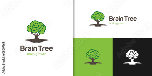 Growing brain logo combination brain logo with tree logo icon design for health mind, Think green logo symbol