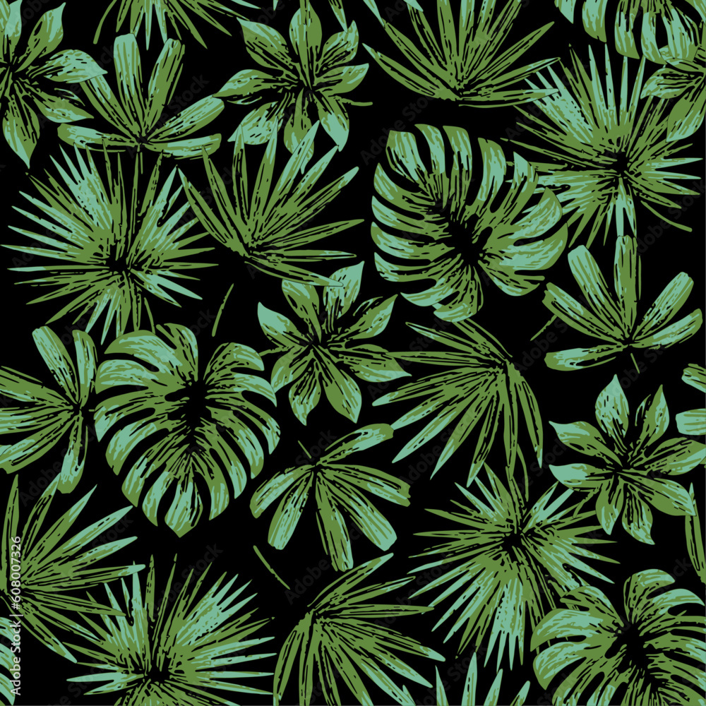 SEAMLESS GRUNGE DISTRESSED HAND PAINTED DRAWN TROPICAL FERN PALM FLORAL PATTERN SWATCH	