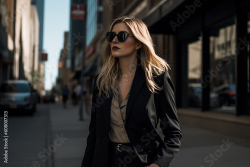 A realistic fashionista in the downtown city streets, wearing an edgy, yet classic outfit that is perfectly tailored to their body.