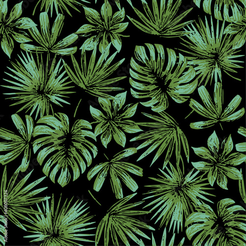 SEAMLESS GRUNGE DISTRESSED HAND PAINTED DRAWN TROPICAL FERN PALM FLORAL PATTERN SWATCH 