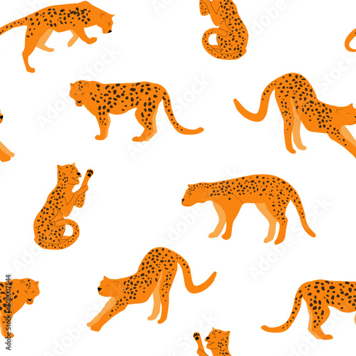 Seamless pattern with leopards. Predatory cats on a natural tropical print. Vector graphics. © Ирина Горбунова