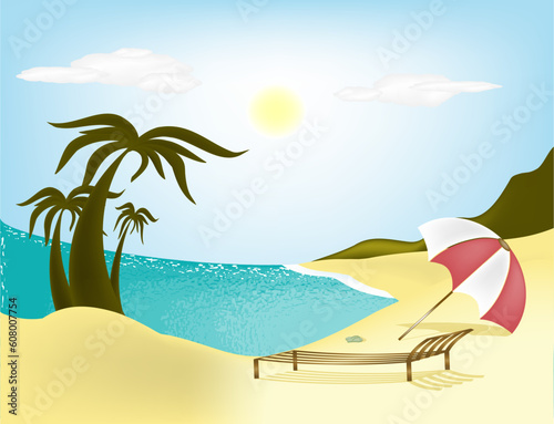 Illustration sea, beach, palm trees and sun loungers with umbrella