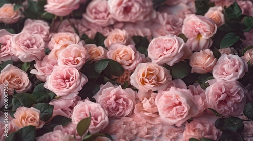 Pink roses background. Floral background. Floral background with pink roses, Generative AI © tanatat