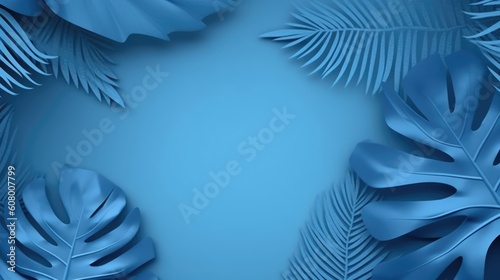 Blue Tropical palm leaves on blue background., Generative AI