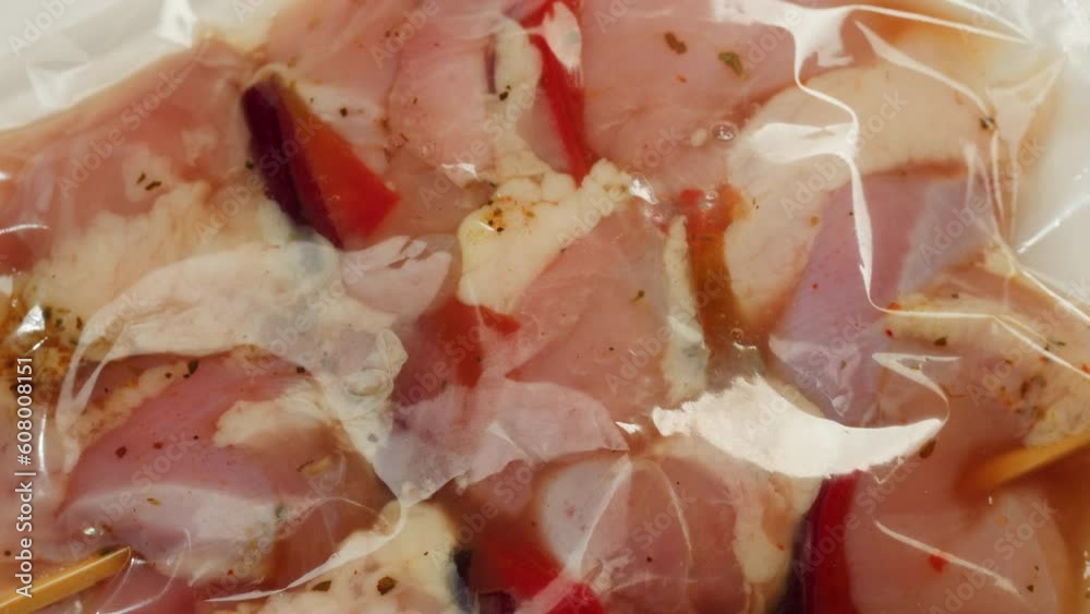 Beef, chicken and salmon tapas skewer in vacuum plastic bag ready for sous vide cooking or grill, supermarket ready to eat food. Beef, chicken and salmon tapas skewer in vacuum plastic bag ready for sous vide cooking or grill, supermarket ready to eat food.
