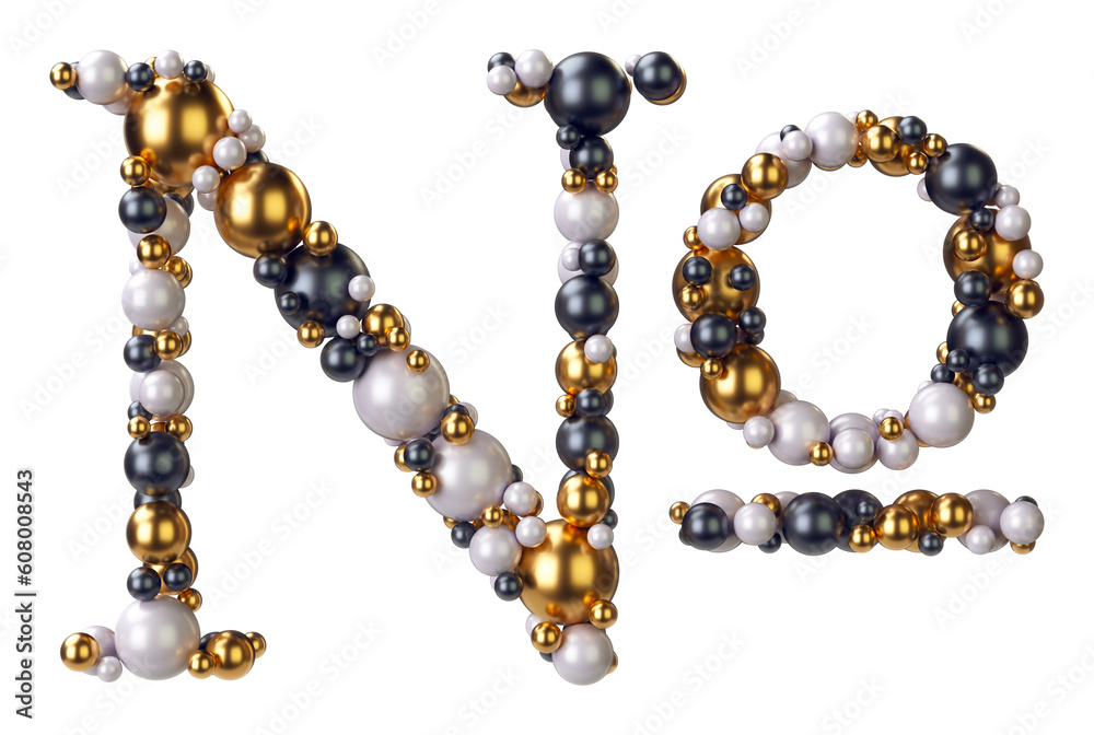 Symbol Numero Sign of jewelry balls in black and yellow gold and pearls. Alphabet from jewellery font serif Isolated on transparent background. 3D render Symbol Numero Sign of jewelry balls in black and yellow gold and pearls. Alphabet from jewellery font serif Isolated on transparent background. 3D render