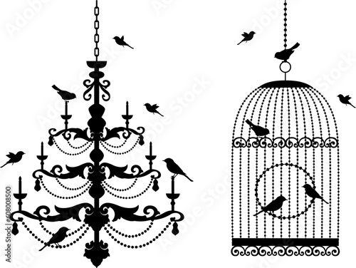 vintage birdcage and crystal chandelier with birds, vector background