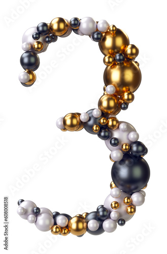 Number 3, Three of jewelry balls in black and yellow gold and pearls. Alphabet from jewellery font serif Isolated on transparent background. 3D render