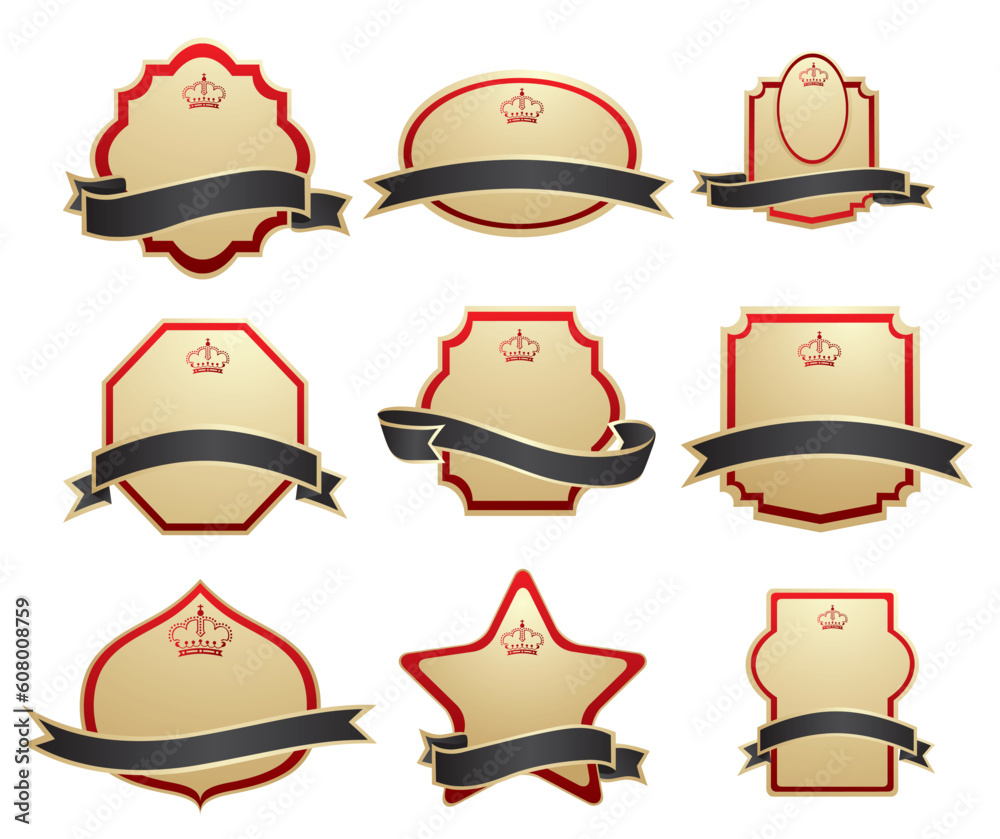 set of gold-framed labels on different topics vector illustration set of gold-framed labels on different topics vector illustration
