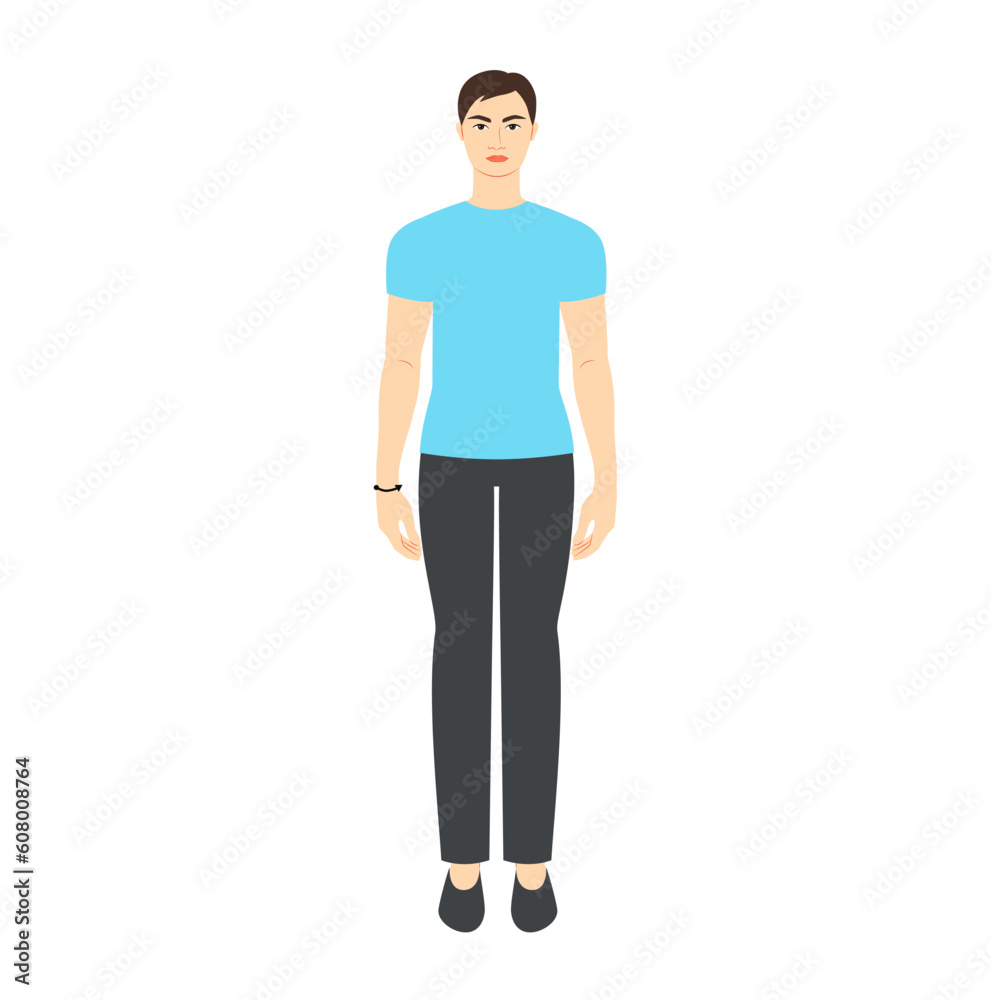 Men to do wrist measurement body with arrows fashion Illustration for size chart. Flat male character front 8 head size boy in blue shirt. Human gentlemen infographic template for clothes