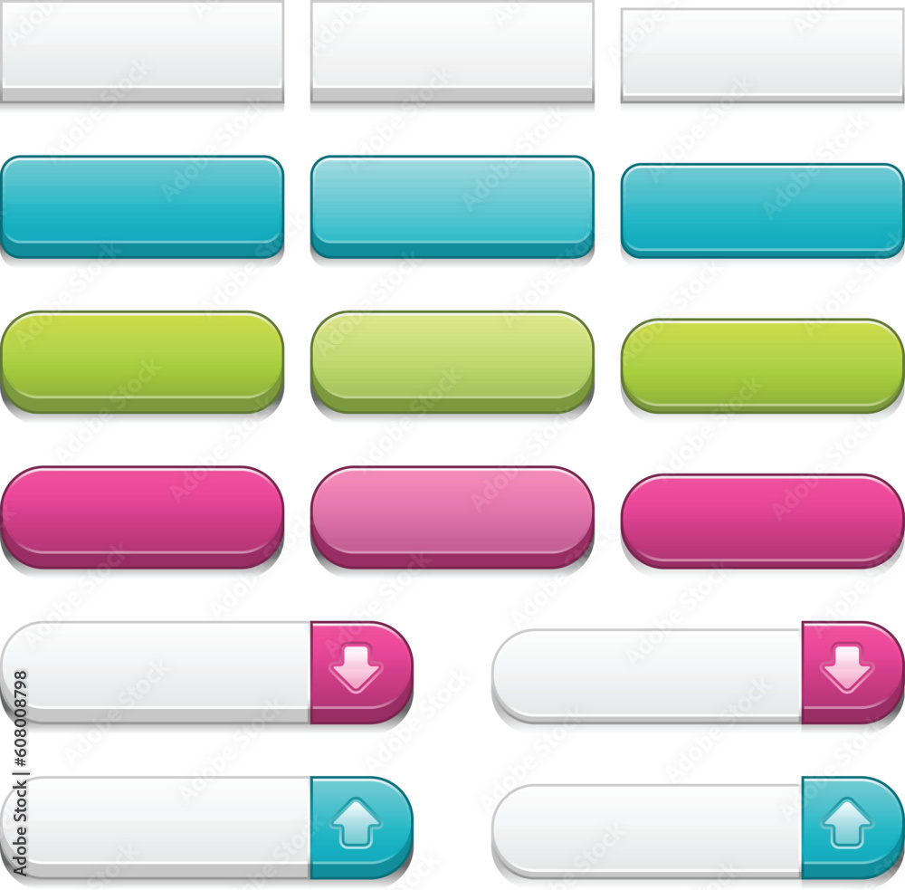 Colorful web 3d buttons, with five different styles and active, over and click states. Global swatches included. Easy to change colors. Colorful web 3d buttons, with five different styles and active, over and click states. Global swatches included. Easy to change colors.