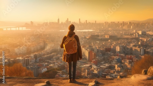 A Man with backpack standing on the top of a mountain and looking at the city, Generative AI