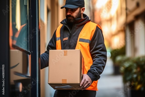 A parcel carrier brings a parcel to a front door created with generative AI technology.